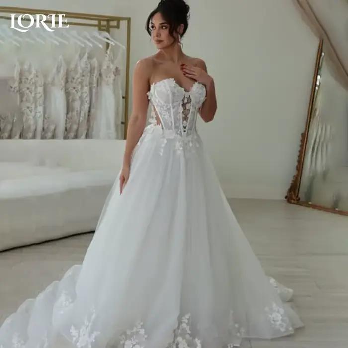 LORIE Boho dentelle robe de mariée Appliques 3D fleurs a-ligne robe de mariée sans bretelles chérie 