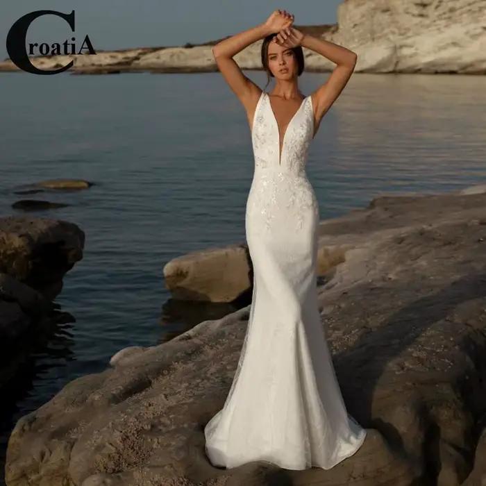 Robe de mariée dos nu avec appliques en satin sirène, col en V profond, poignées, train amovible, ro