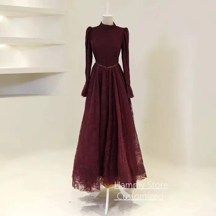 Robe de soirée en dentelle personnalisée, élégante, col montant, manches longues, coupe trapèze, sty