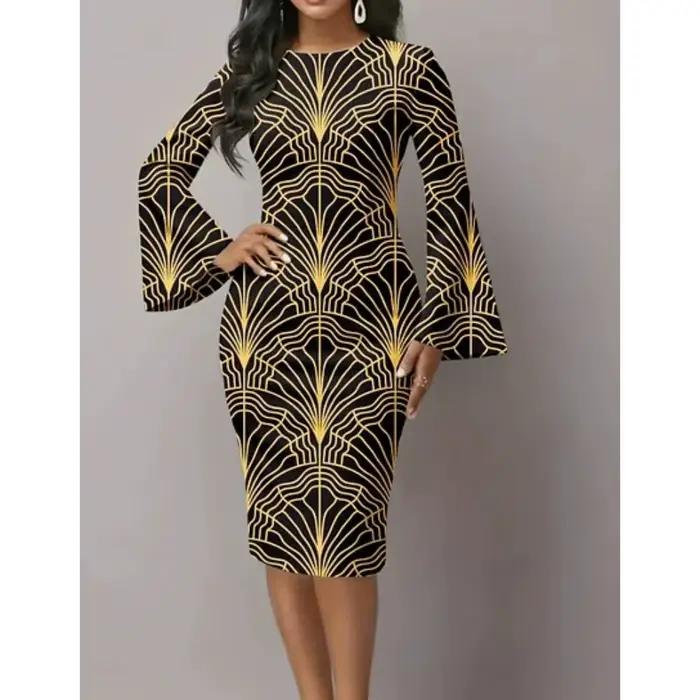 Robe moulante élégante pour femmes, avec manches évasées, Unique, bleu et or, imprimé tourbillon mét