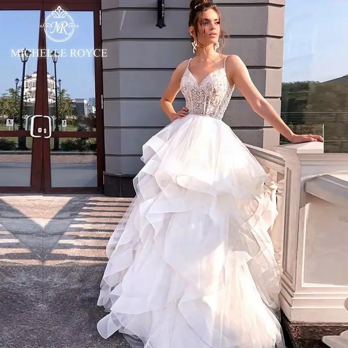 Michelle Royce chérie a-ligne robes De mariée bretelles Spaghetti découpé bouton chapelle Train robe