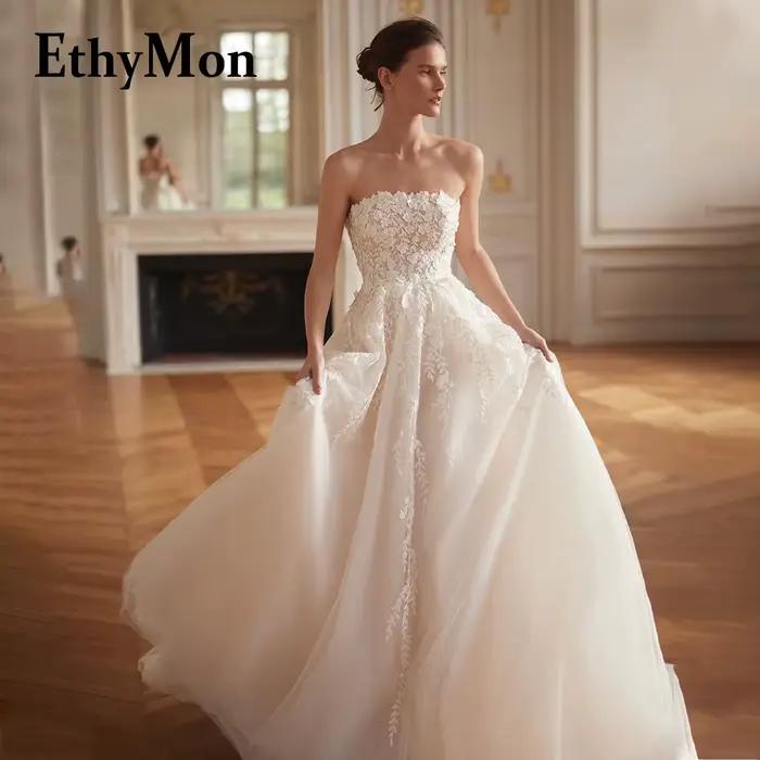Ethymon moderne Robe De mariée sans bretelles pour mariée dentelle Appliques manches bouffantes bros
