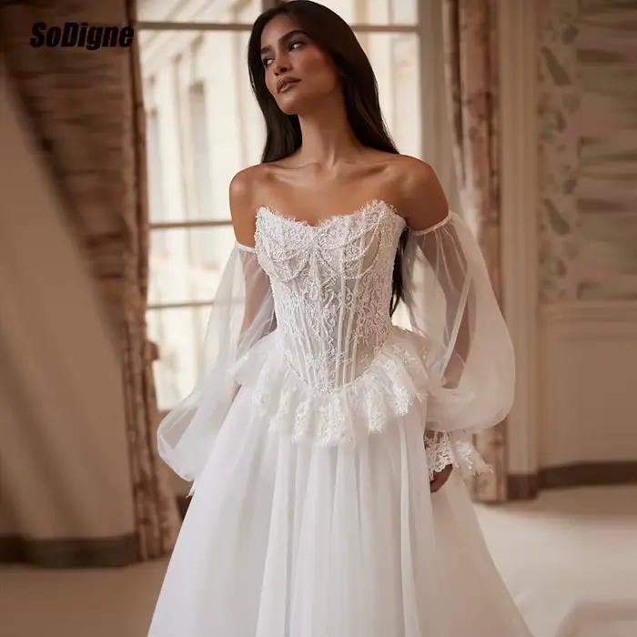    SoDigne – robe de mariée en dentelle et Tulle, coupe trapèze, manches longues détachables, robe 