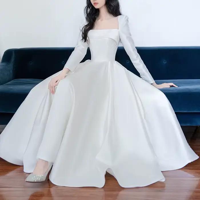 Robe de mariée en Satin blanc, col carré, manches longues, longueur cheville, Simple, mode, robe de 