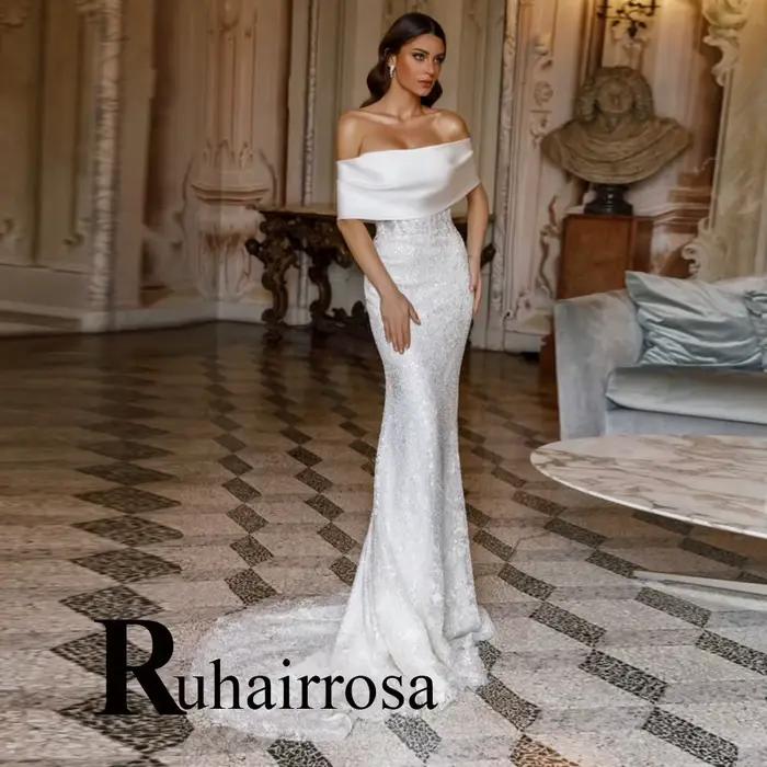 Ruhair robes De mariée fantaisie pour femmes sirène à lacets hors De l'épaule paillettes Court Train