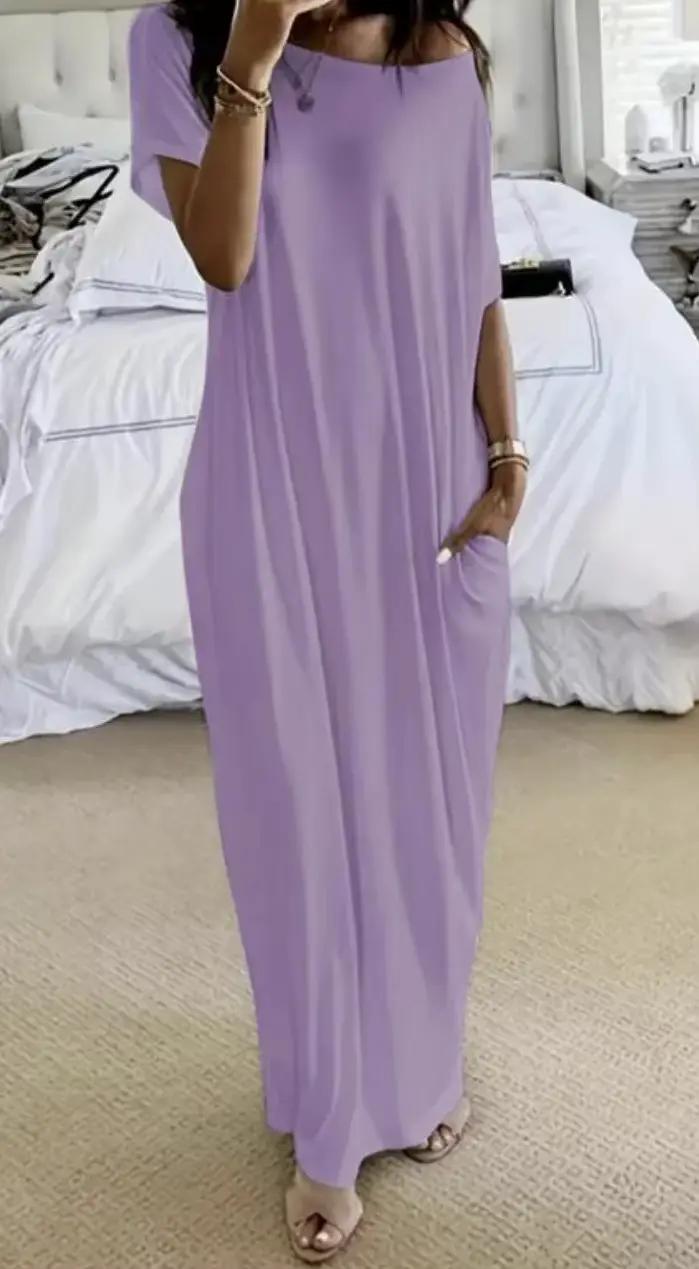 Soldes d'été : Robe longue décontractée pour femme, couleur unie, manches courtes, style chauve-sour