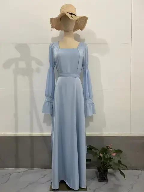 Robe élégante française pour femmes, mode estivale, bleu clair, col carré, manches longues, robes lo