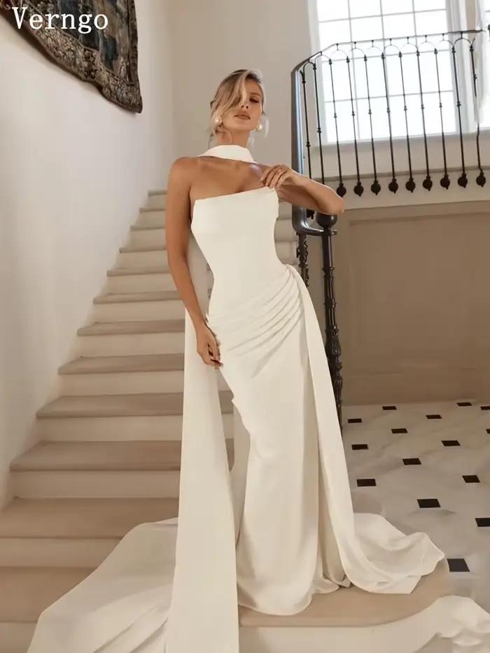 Verngo ivoire crêpe robe de mariée sans bretelles sirène plissée robes de mariée femmes robes de mar