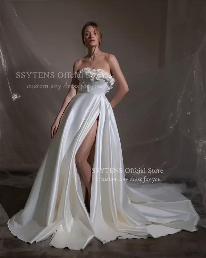 SSYTENS haute qualité robe de mariée italienne fleurs longue une ligne haute fente robe Femininos à 