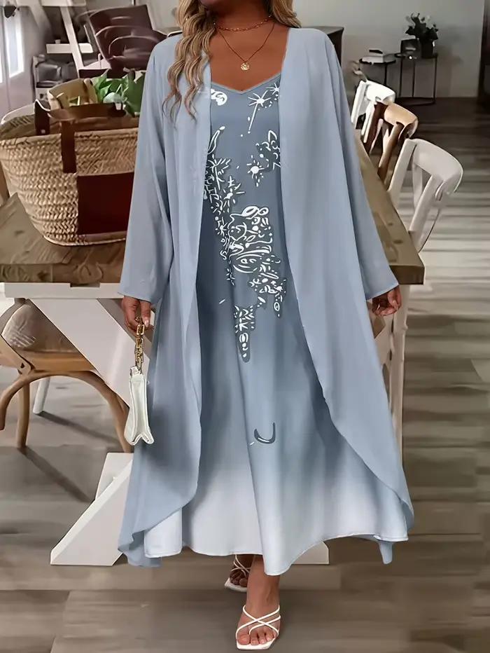 Mode féminine grande taille : Ensemble robe deux pièces élégante et stylée en dentelle et mousseline
