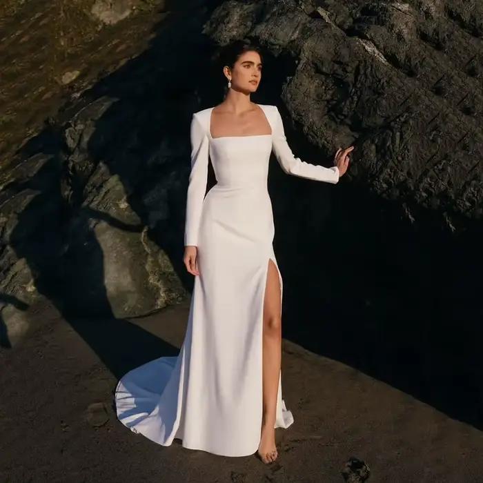 Civil 2025 crêpe sirène robes de mariée haute fente formelle robe de soirée de mariage manches longu