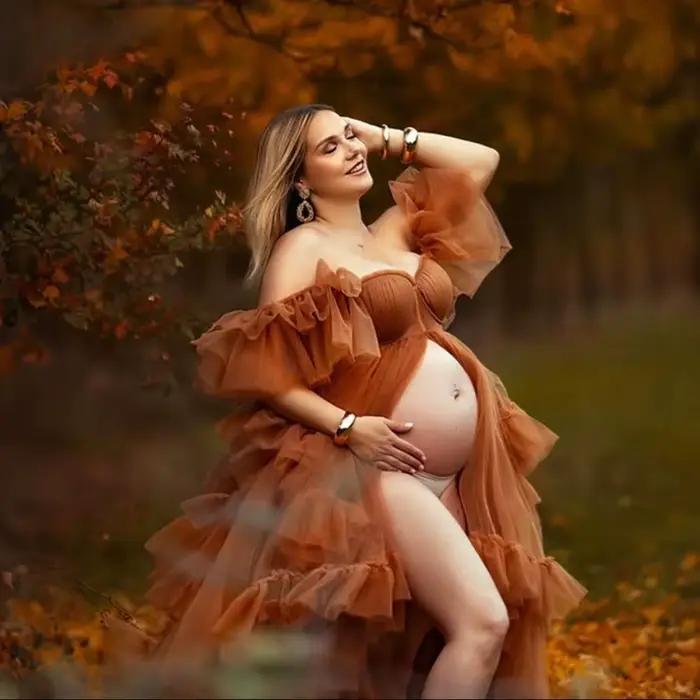 Robe de maternité romantique en tulle doux, épaules dénudées, taille élastique, pour séance photo de