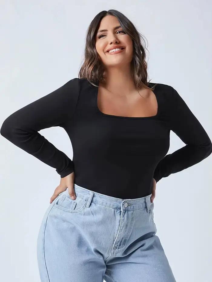 Grande taille col carré printemps automne haut élégant femmes à manches longues noir gaine Blouse fe
