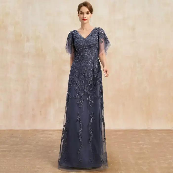Robes de soirée bleu marine à col en V pour la mère de la mariée, robes de fête de mariage à manches