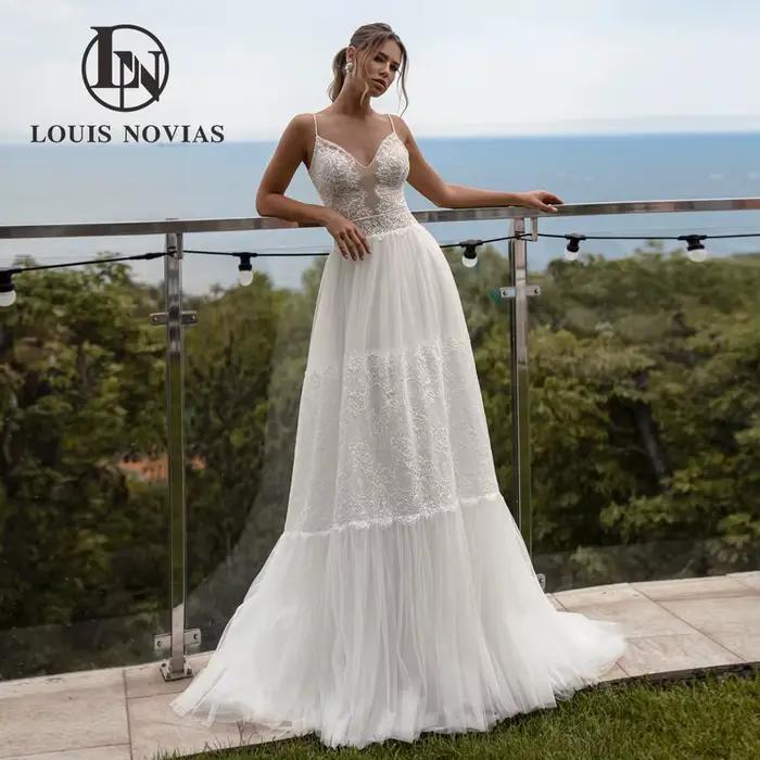 LOUIS NOVIAS robe De mariée trapèze légère Style Boho perlée bretelles Spaghetti broderie robe De ma