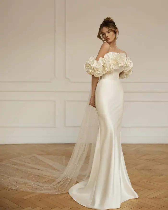 Robe De mariée sirène en Satin, élégante, épaules dénudées, fleurs faites à la main, sur mesure, 202