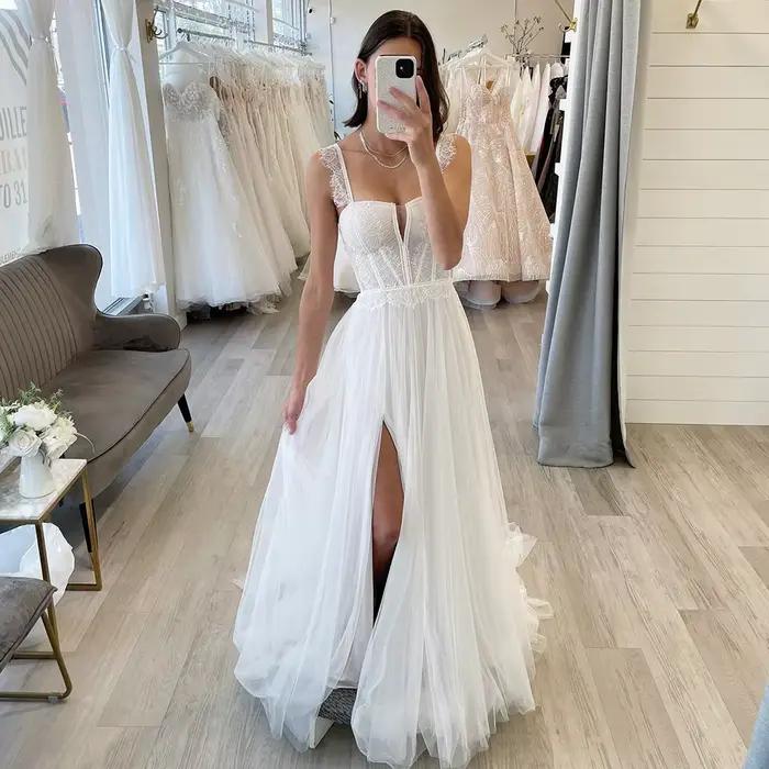 Robes de mariée simples pour femmes 2025 chérie Boho longues robes de mariée côté fendu Tulle robe d