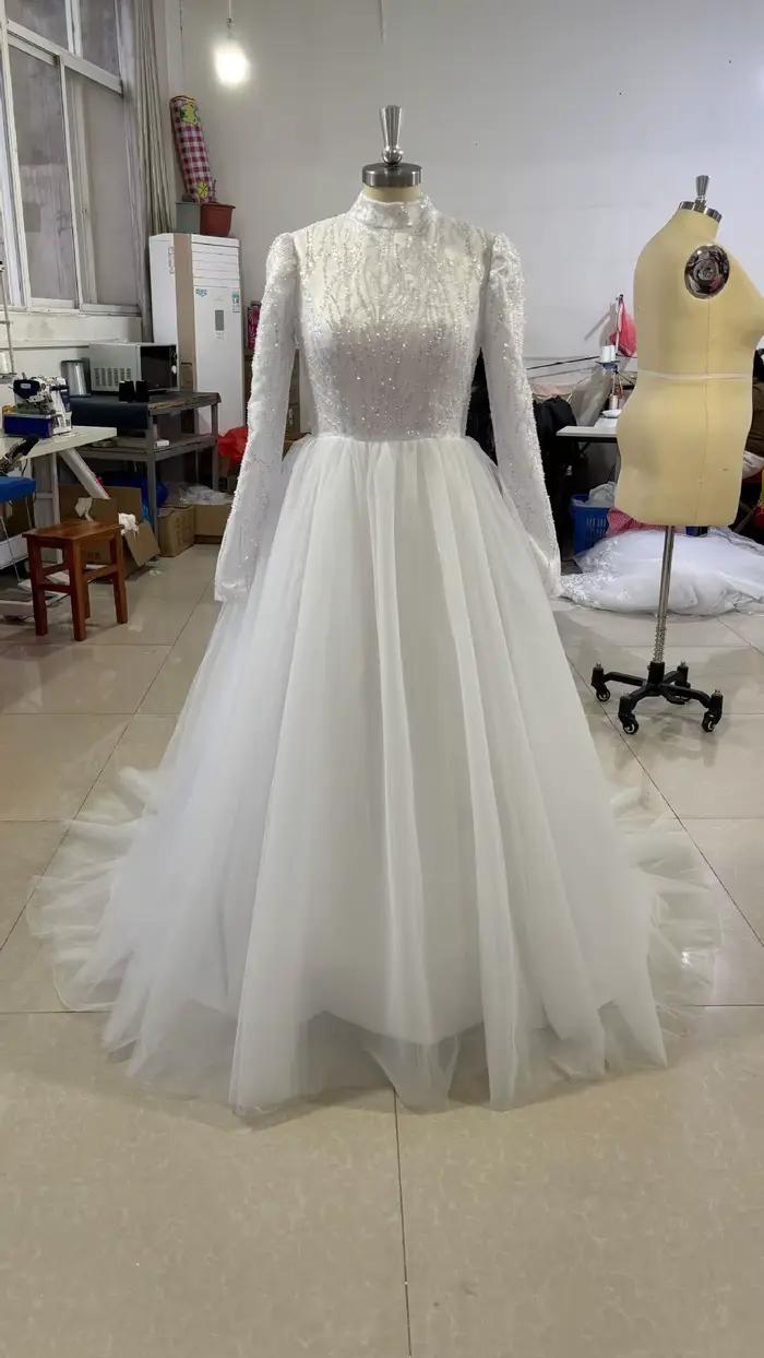 Robe de mariée élégante en mousseline, manches longues, col haut, perlée, luxueuse, Simple, col haut