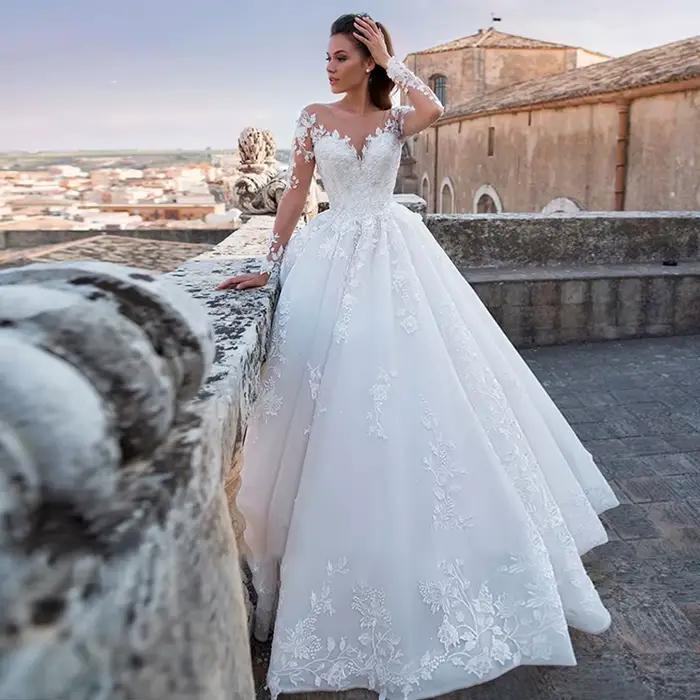 2025 Robe de mariée florale à manches longues Robe de mariée Robe de bal cou dentelle perlée Appliqu