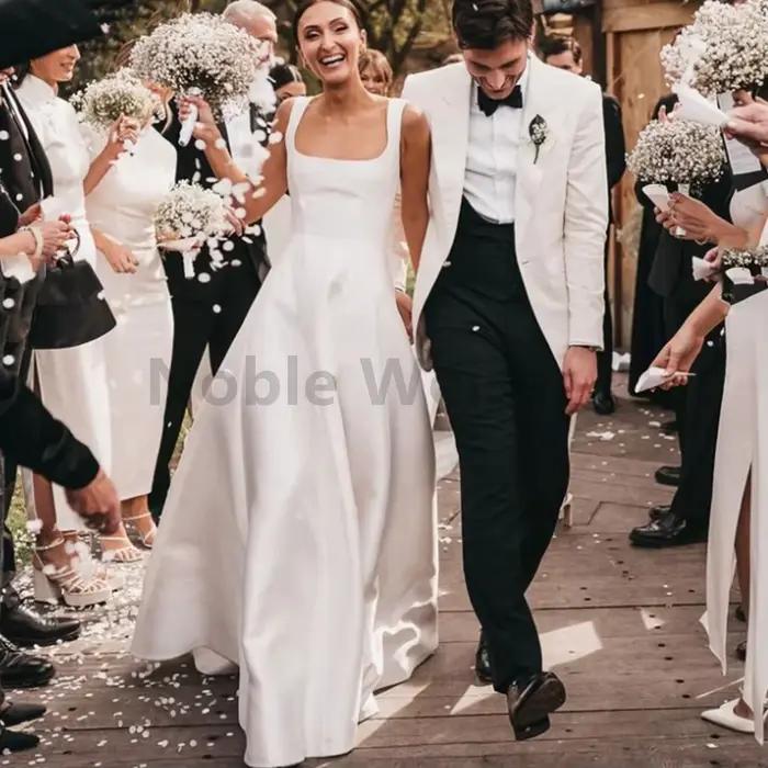 Robes de mariée carrées élégantes pour femmes, sans manches, coupe trapèze, en satin simple, personn