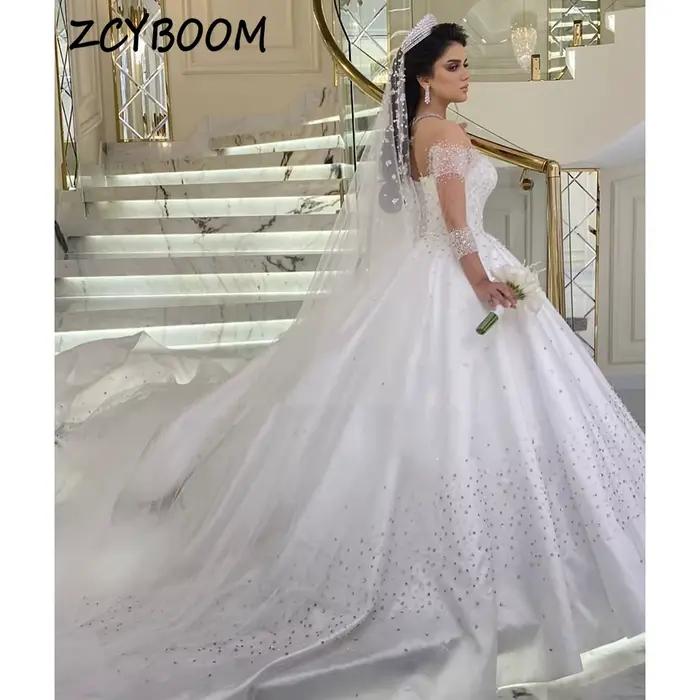Robe de mariée personnalisée brillante à col rond et strass, modèle 2026, coupe A, longueur au sol, 