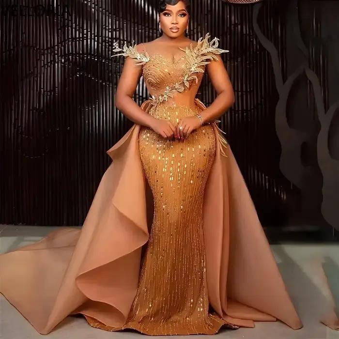 Robe Aso Ebi trapèze à paillettes dorées, épaule à ailes 3D, perles détachables, Cape en Tulle, robe