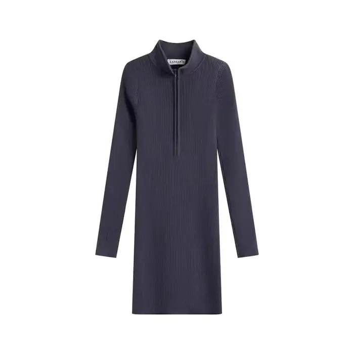 Femmes solide fermeture éclair profonde col en v robe Sexy mode mince Mini robe femme col roulé côte