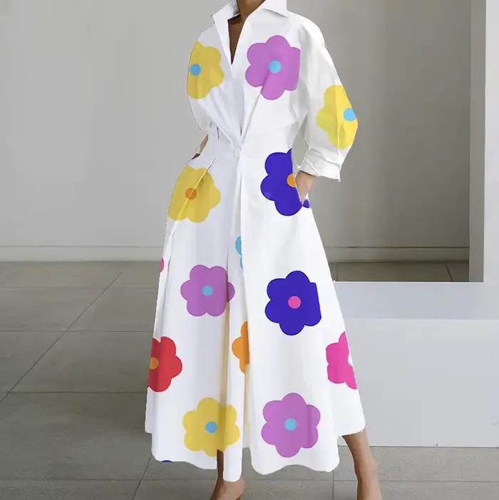 Robe grande taille pour femmes, été, élégante, revers, peinture à l'huile, boutons, chemise, décontr
