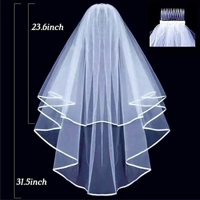 Voile de mariée en Tulle blanc pour femmes, court, bord de ruban avec peigne, Costume de fête d'ente