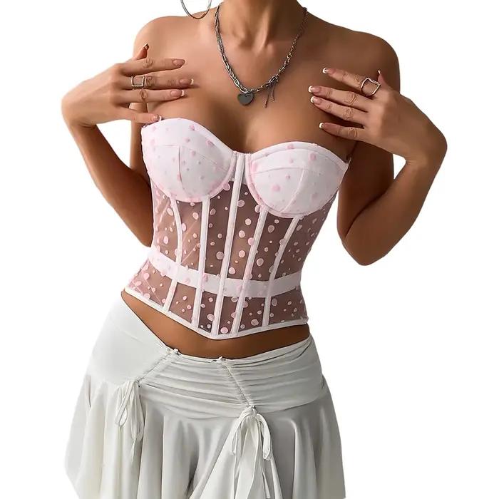 Corset bustiers pour femmes, imprimé à pois, Bandeau transparent à nouer pour les vacances à la plag
