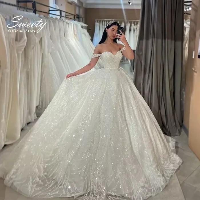 Robe de Mariée en Dentelle à Paillettes Brillantes avec Broderie, Tenue de Bal Personnalisée avec Co