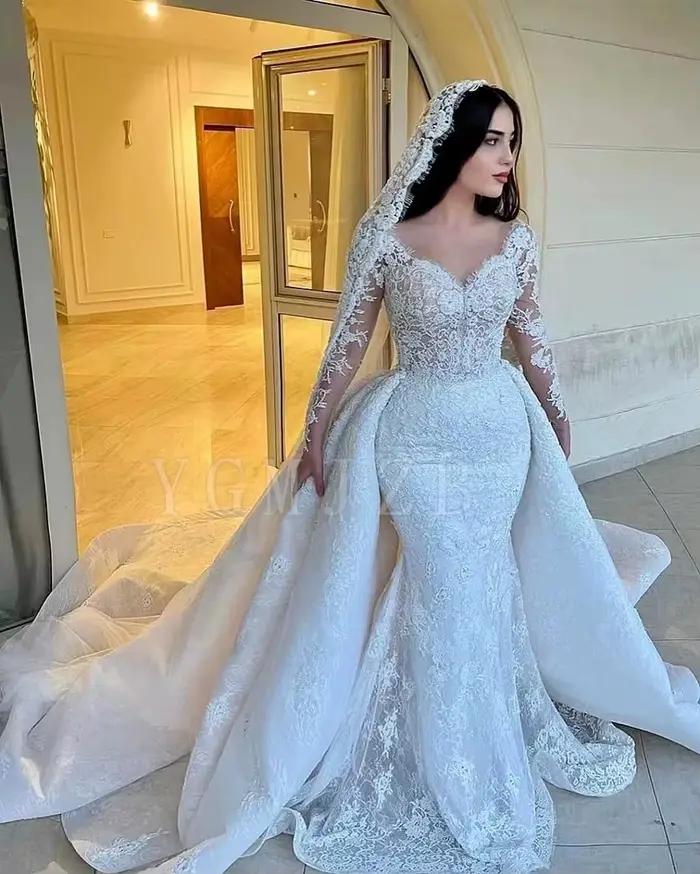 Robes de mariée sirène romantiques en dentelle, luxueuses, perlées, à manches longues, avec traîne d