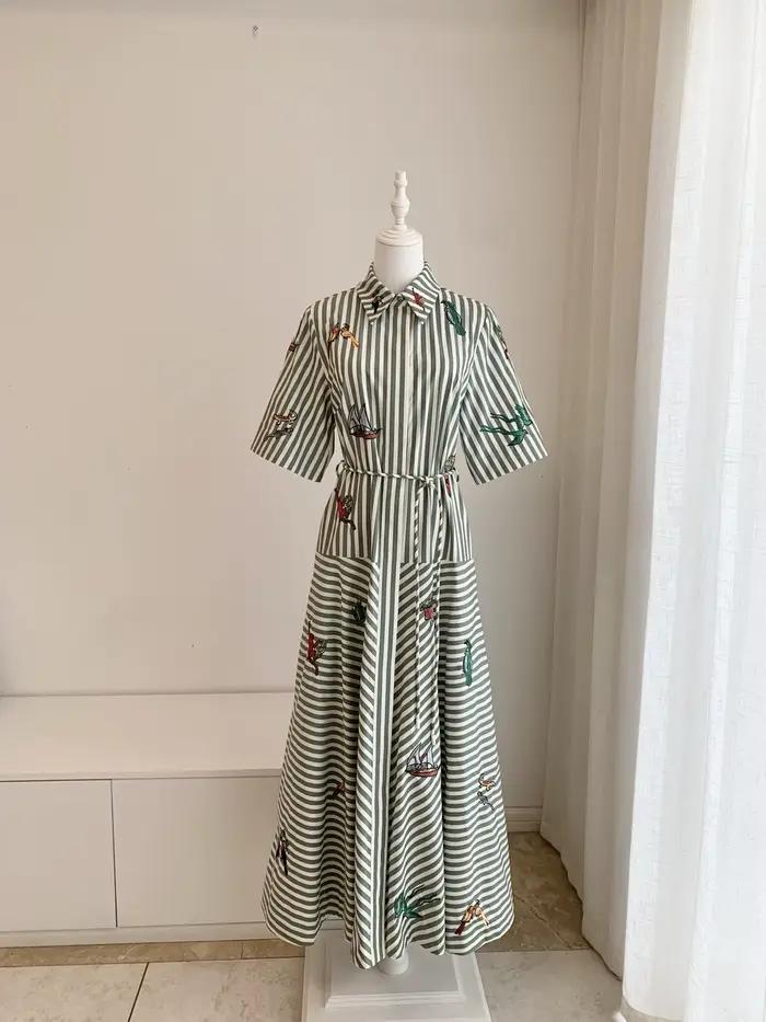 Robe longue pour femmes, 100% coton, imprimé rayé, motif brodé, col rabattu