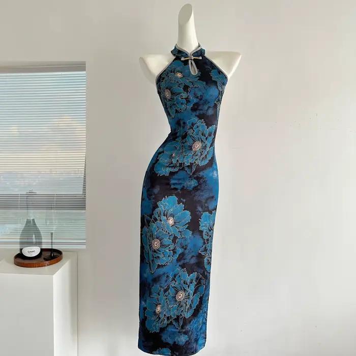 Robe fendue Cheongsam en Satin Jacquard, nouvelle robe élégante rétro de Style chinois