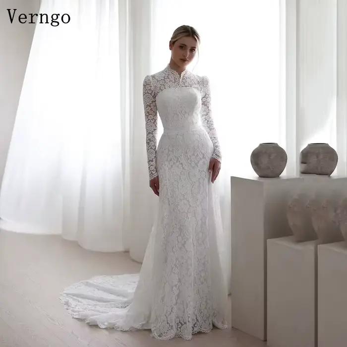 Verngo-Robe de Mariée Sirène en Dentelle, Col Haut, Manches sulf, Élégante, Modeste, pour Patients, 