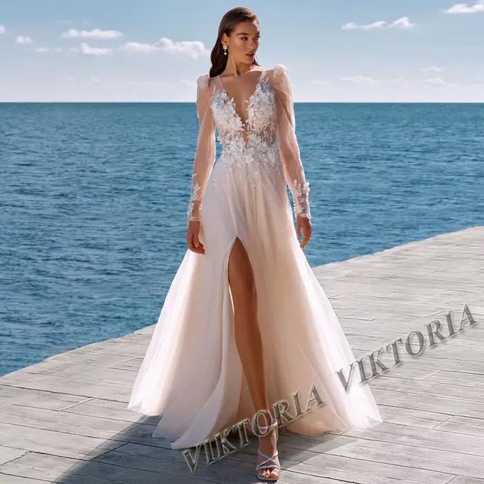 VIKTORIA attrayant col en v robes De mariée pour femme mariée fente manches longues a-ligne Applique