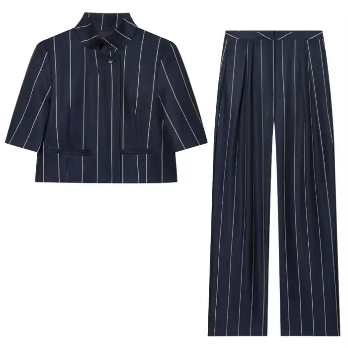 Costume chic pour femmes en 2 pièces, rayé, blazer à manches courtes, pantalon large à taille haute,