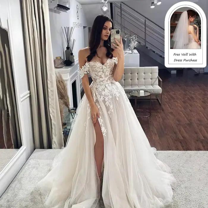 LORIE – robe de mariée en dentelle, épaules dénudées, col en cœur, avec des Appliques fendues sur le
