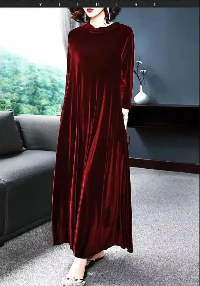 Robe en velours longueur genou pour femme, robe longue automne-hiver, matière en velours doré, col r