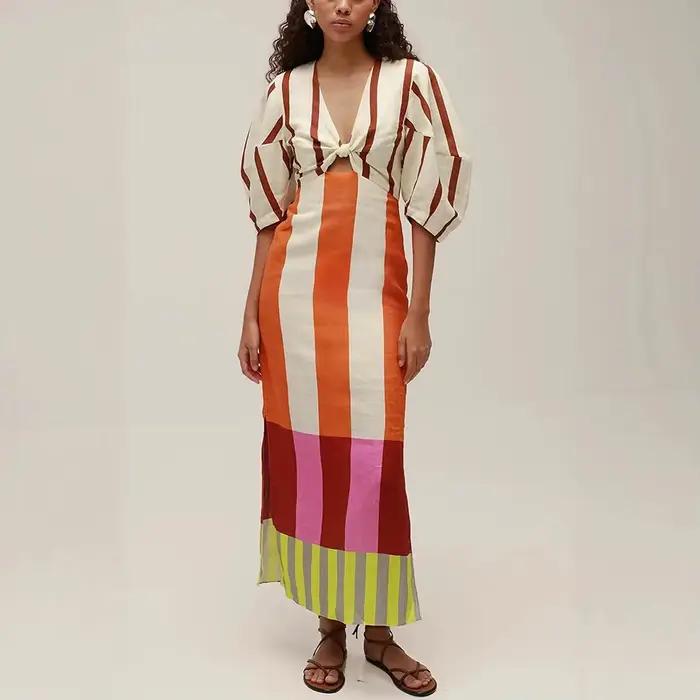Femmes mode lin matériel mode Chic imprimer longues Robes de soirée Sexy col en v évider taille haut