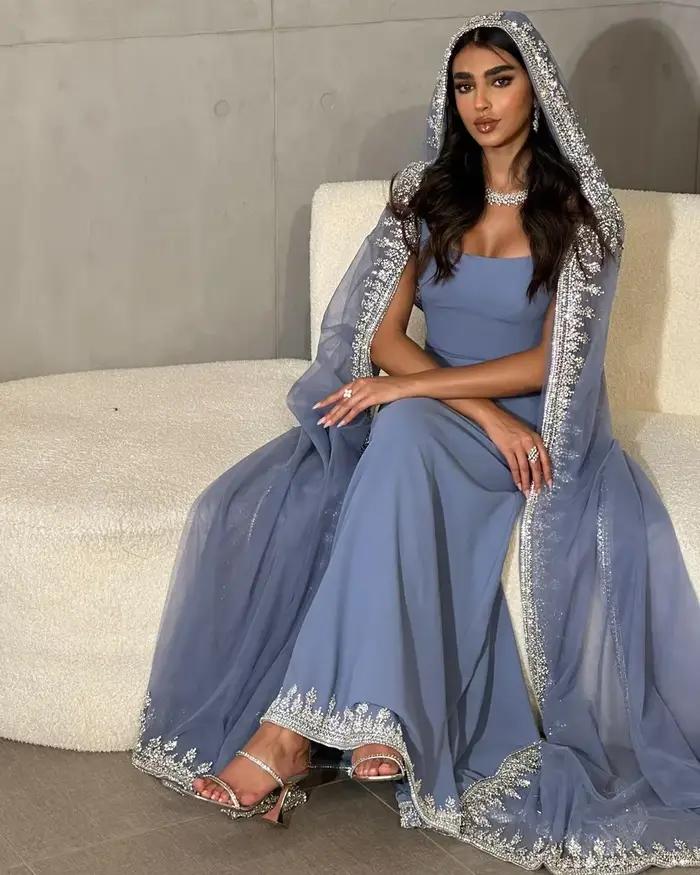 Robe de Soirée de Forme Sirène Personnalisée pour Femme, Tenue Luxueuse, Clip Bleu, Dubaï, Manches C