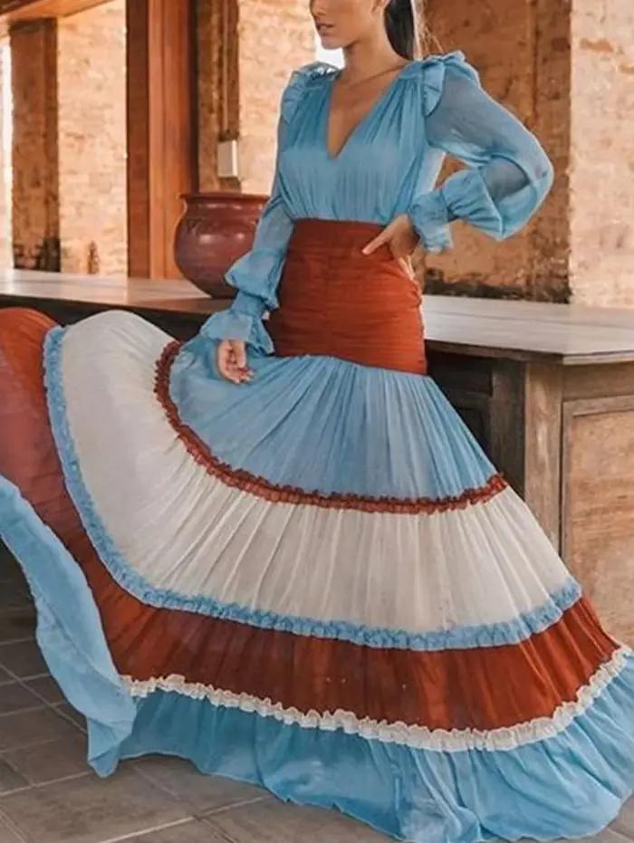Robe longue élégante femmes automne col en V profond à manches longues robe Femme Colorblock à volan
