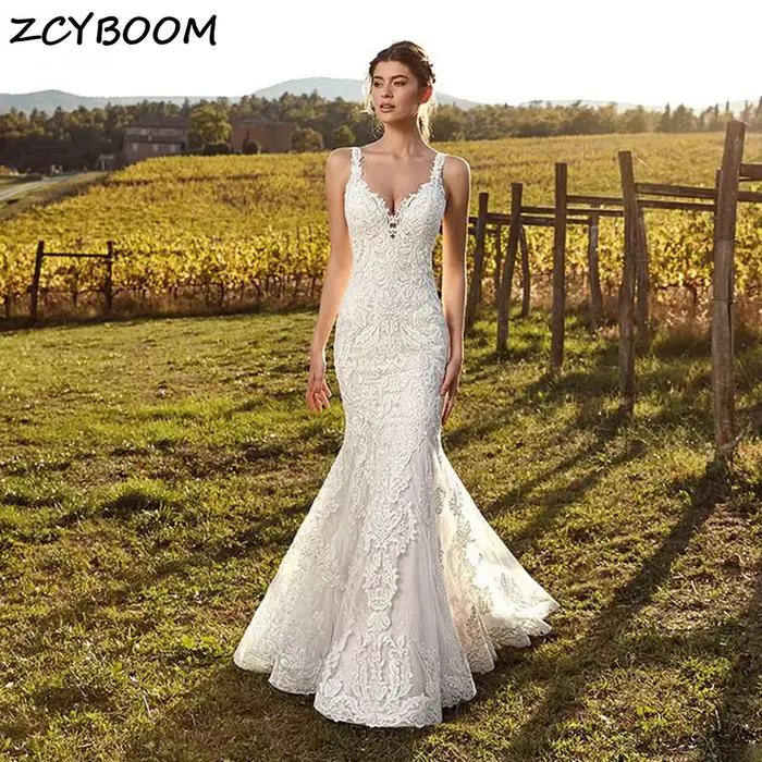 Robe de mariée sirène blanche/ivoire 2026, élégante, en dentelle, avec bretelles spaghetti et effet 