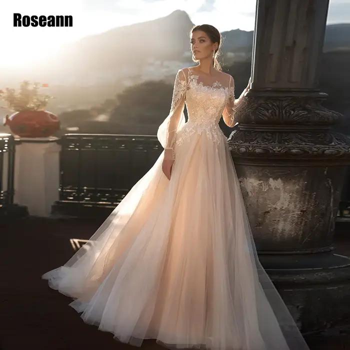 Robe de mariée Champagne légère personnalisée, manches bouffantes, paillettes appliquées, Tulle et d