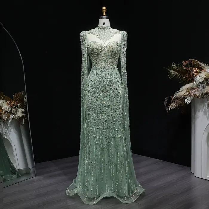 Robe de soirée Sharon Said Dubai Green à col montant avec manches cape et perles شارون سعيد Robe de 