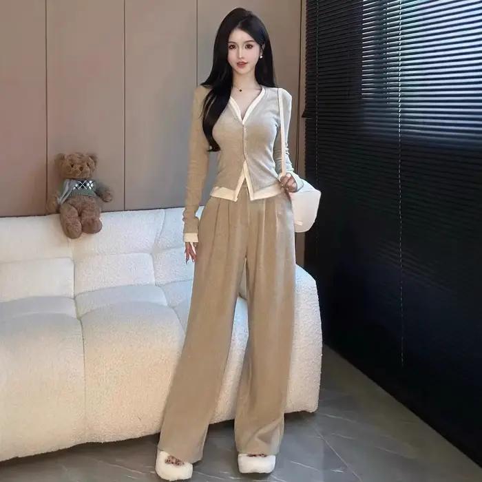 Ensemble deux pièces à simple boutonnage pour femme, pantalon à jambes larges, mode automne 2025