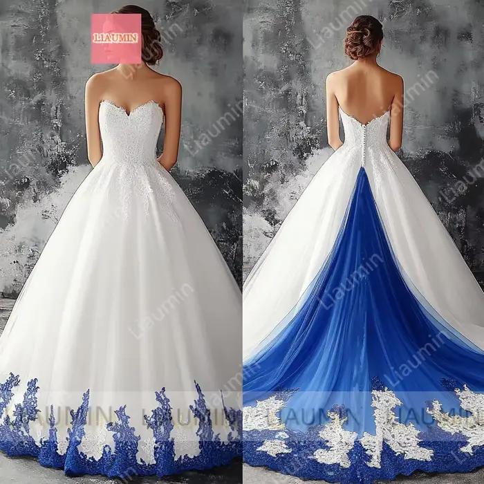 Robe de mariée en Tulle blanc et dentelle bleue, sans bretelles, longueur au sol, dos à lacets, robe
