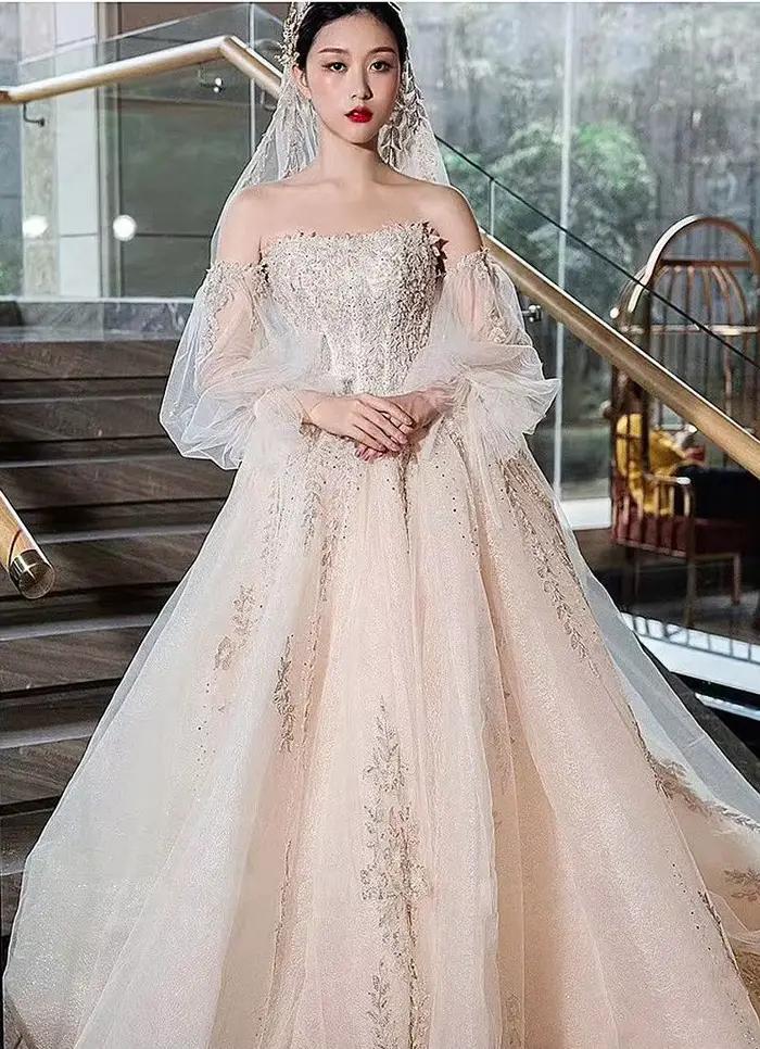 Robe de Mariée Sans Bretelles avec Manches Détachables, Broderie Ciel Étoilé, Perles de Luxe, Person