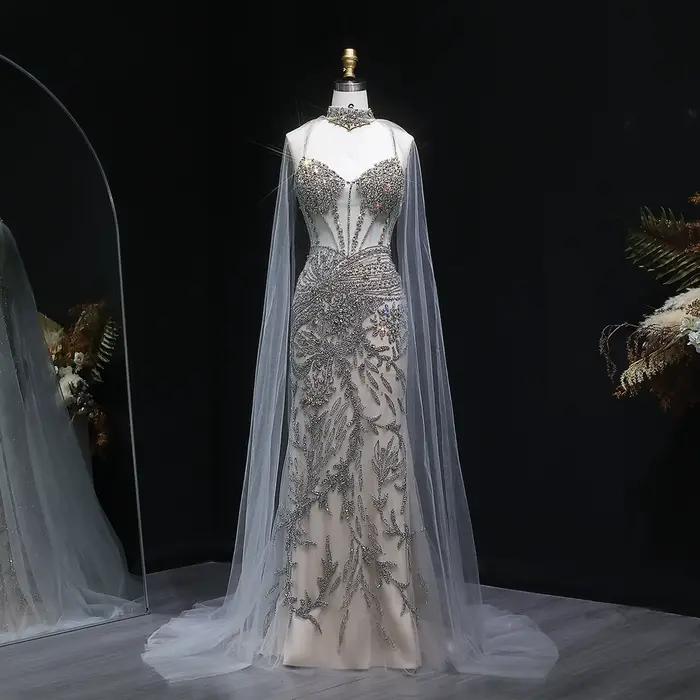 Sharon Said luxe Champagne sirène robe de soirée avec Cape pour les femmes de mariage noir robes de 