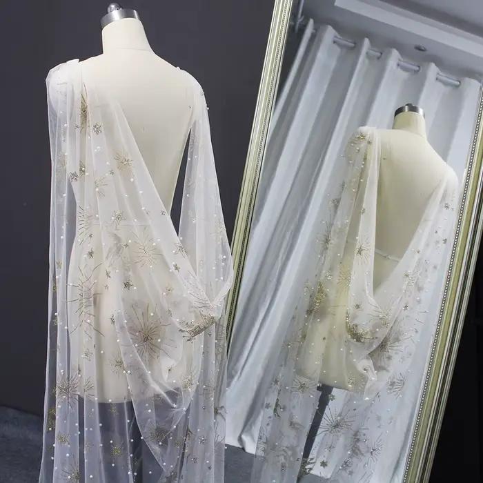 Cape de mariage personnalisée de luxe en perles avec étoiles et lune Pégase en paillettes dorées, bo